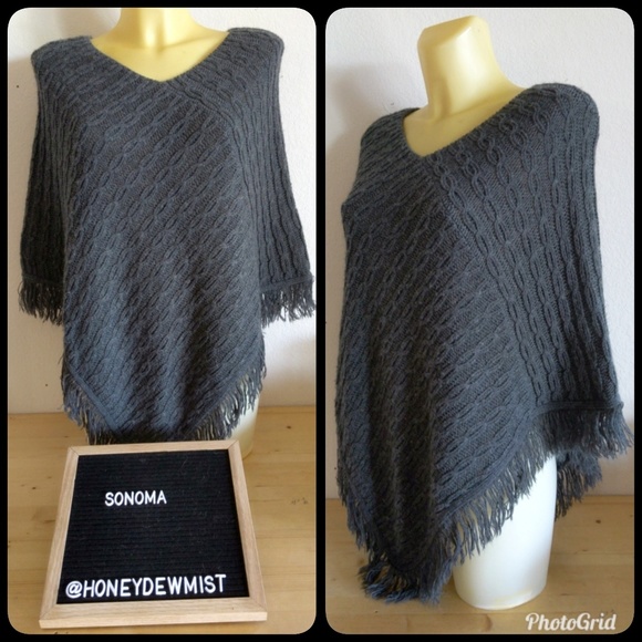 Sonoma Sweaters - • Sonoma • Thick Knit Grey Poncho with Fringe